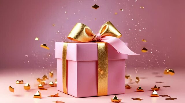 A beautifully wrapped pink gift box with a golden bow, surrounded by confetti, perfect for celebrations and special occasions.