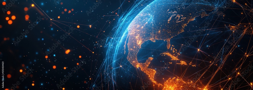 Poster detailed view of a digital earth illuminated at night with a network of lights and connections displ