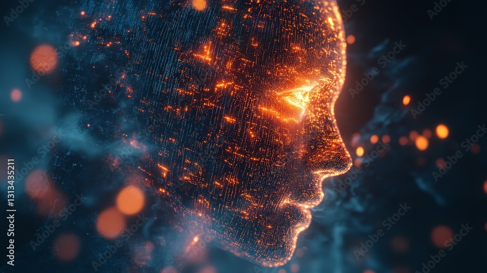 Poster glowing digital face with fiery data streams is illuminated in darkness