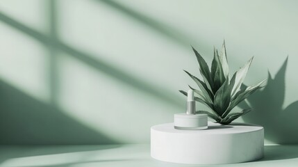 Cosmetic product display, plant, soft light, studio shot.  Possible use  Product catalog, social media, or website