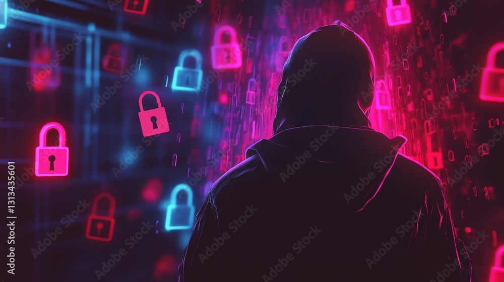 Poster mysterious figure in hoodie surrounded by digital locks and code