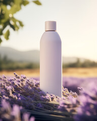 Elegant White Skincare Bottle Mockup for Shampoo, Soap and Lotion In French Lavender Flower Fields. Soft Bokeh Background. 