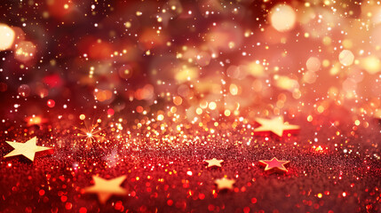 Elegant red festive background with golden glitter and stars.