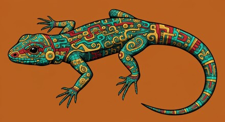 Colorful lizard illustration with intricate patterns on a warm background, showcasing artistic design - lagartija