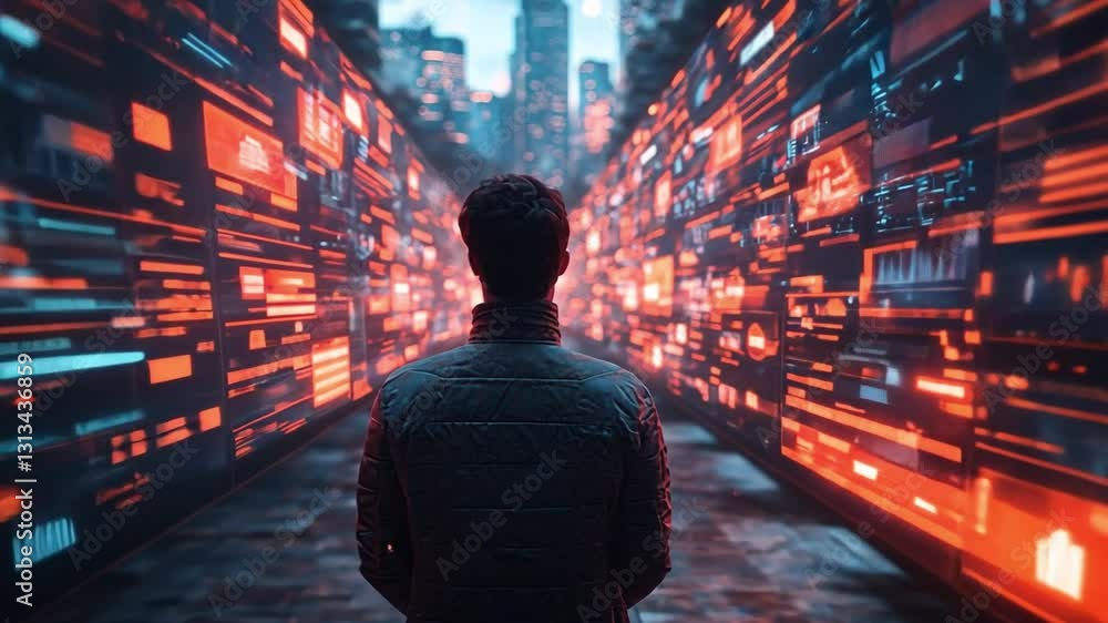 Poster digital data stream: a lone figure stands before a mesmerizing wall of vibrant digital data, with th