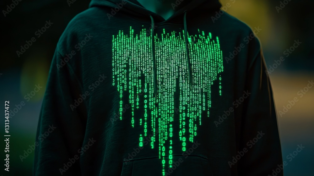 Poster green binary code heart design on black hoodie in urban setting