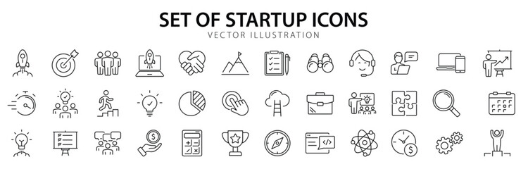 Start up set of web icons in line style. Business startup icons for web and mobile app. Startup project, development, creative idea, target, innovation, marketing, launch business, strategy and more