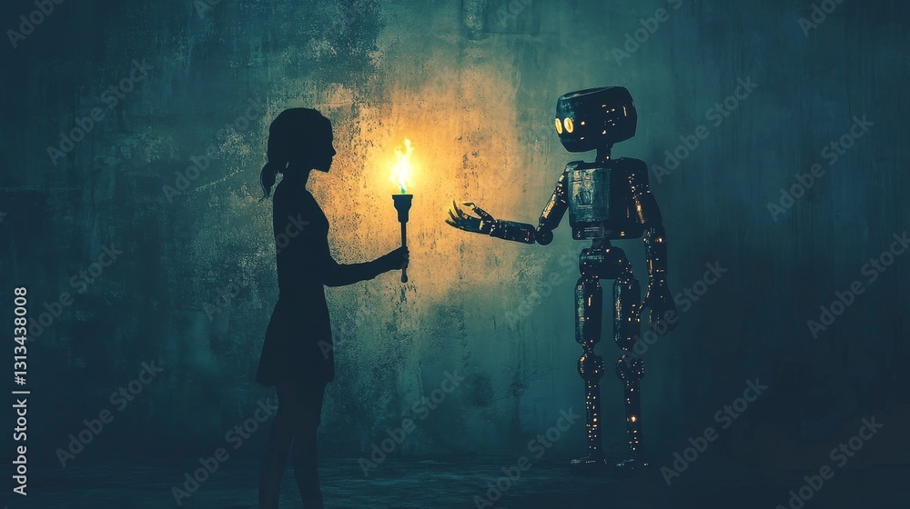 Poster woman and robot encounter in dark environment with torch light