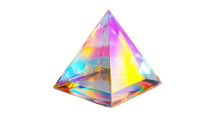 Iridescent crystal pyramid shining with vibrant colors on transparent background