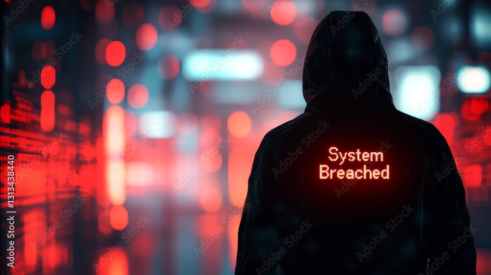 Poster mysterious figure in hoodie with system breached text in cyber environment