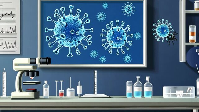 A modern laboratory showcasing scientific tools and virus illustrations on the wall, emphasizing medical research and innovation.