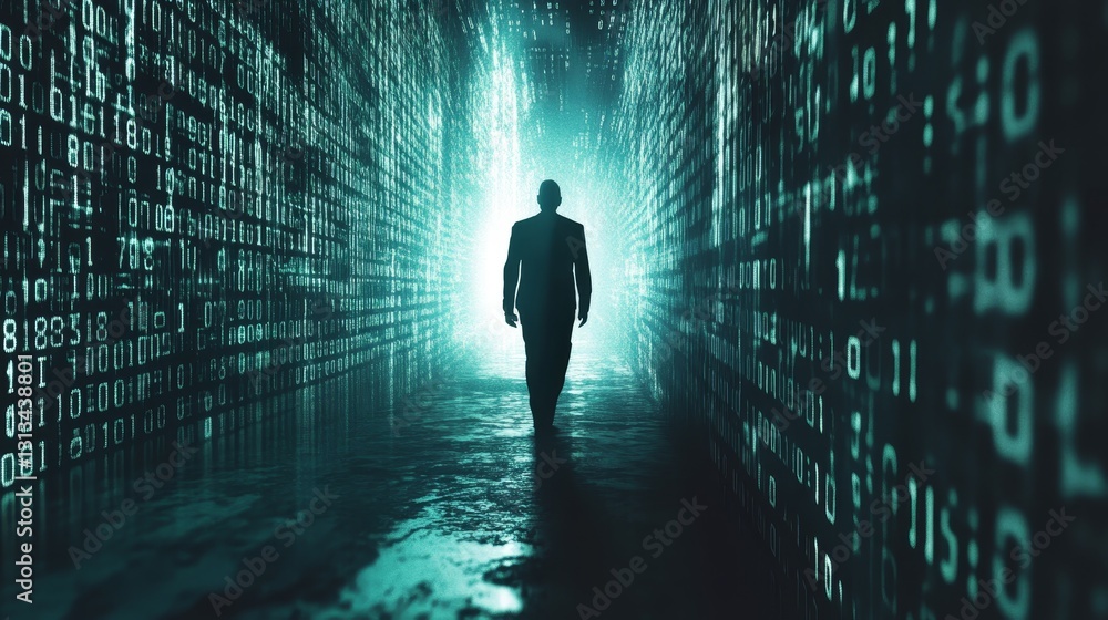 Poster mysterious figure walking through a digital data corridor in darkness