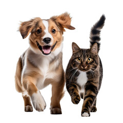 Obraz premium Playful dog and cat running together in a joyful moment of friendship.
