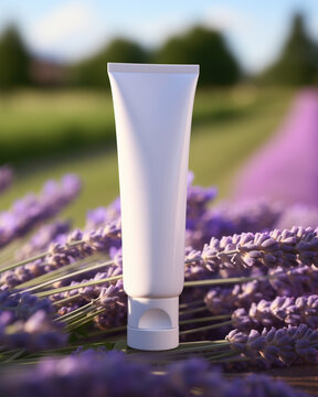 Elegant White Skincare Tube Mockup for Hand Cream, Soap and Lotion In French Lavender Flower Fields.  Soft Bokeh Background. 