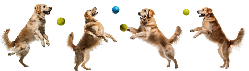 Playful dogs jumping and catching colorful balls in a fun, energetic scene.