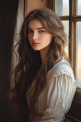 Fototapeta premium Serene Young Woman with Long Hair Gazing by the Window