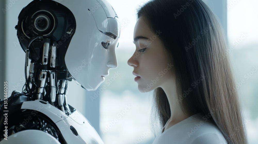 Poster human and robot connection in a futuristic setting