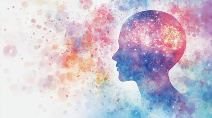 Silhouette of Human Head with Colorful Brain and Abstract Background