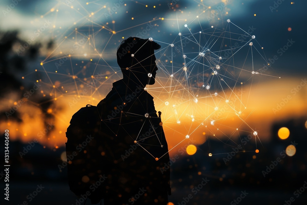 Poster a man is standing in the middle of a field with a backpack on