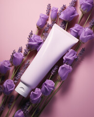 Elegant White Skincare Tube Mockup for Hand Cream, Soap and Lotion Laying on a Bundle of Purple Roses and Lavender Flowers on Pink Background.