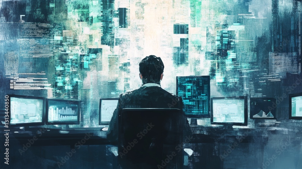 Poster a man is sitting in front of a computer monitor with a city background
