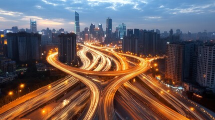 Obraz premium Night City Highway Interchange Aerial View