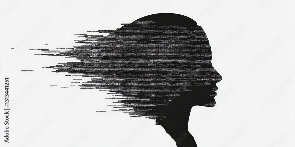 Poster abstract profile silhouette with digital data flow in monochrome