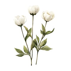 Obraz premium Elegant Watercolor Painting of White Peonies. A delicate illustration of three white peony blossoms with lush green leaves, perfect for adding a touch of nature to your designs.