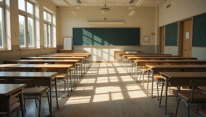 Fototapeta premium Empty Classroom. Back to school concept in high school. Classroom Interior Vintage Wooden Lecture Wooden Chairs and Desks. Generative AI