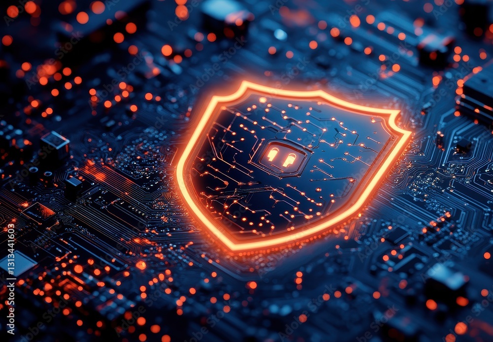 Poster digital security shield on circuit board with glowing orange elements and futuristic technology back