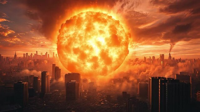 Apocalyptic Cityscape: A colossal fiery sun looms over a sprawling cityscape, evoking a sense of impending doom and environmental peril.