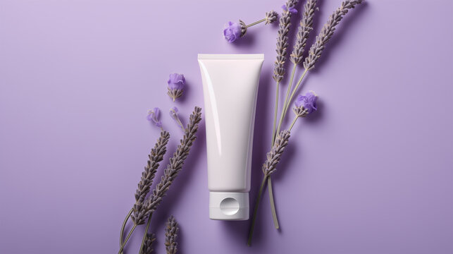 Elegant White Skincare Tube Mockup for Hand Cream, Soap and Lotion Laying on Purple Background with Lavender Flowers. Copy Space.