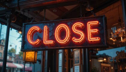 Naklejka premium Bright Neon Close Sign Illuminating Evening Scene in Vintage Storefront