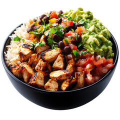 A Fresh Chicken Burrito Bowl with Rice, Salsa, and Guacamole Isolated on Transparent Background