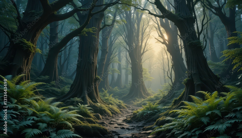 Poster enchanting forest path with soft light and lush greenery