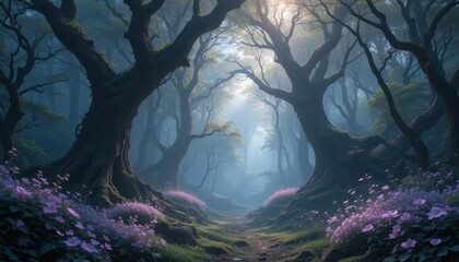 Enchanted Forest Path with Iridescent Light and Vibrant Flowers