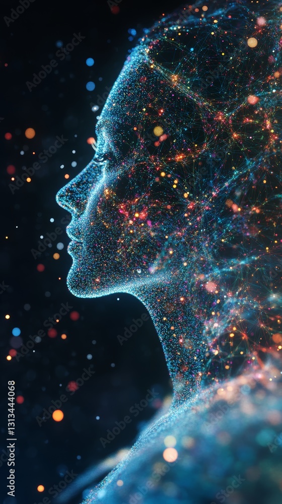 Poster a woman's face is shown in a computer generated image with a lot of sparkles