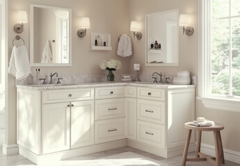 Elegant and Bright Corner Bathroom with Modern Fixtures, Soft Lighting, and Stylish Decorative Accents in a Fresh and Inviting Space