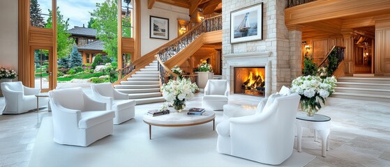 Fototapeta premium Elegant living room design luxury home interior photography cozy environment wide angle view modern aesthetic