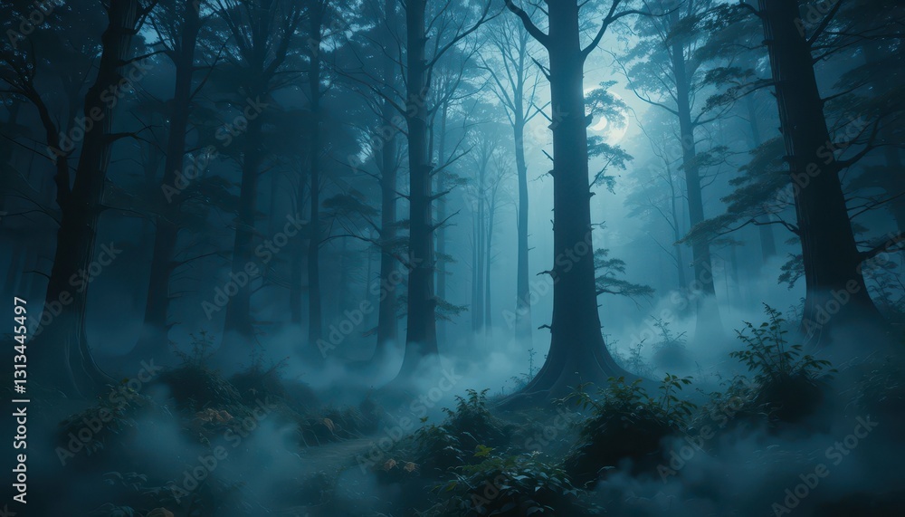 Poster misty forest landscape with tall trees and soft fog at dusk