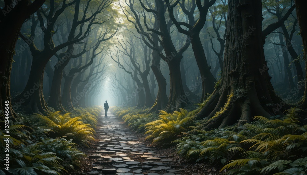 Poster mystical forest path with lush ferns and soft diffused light