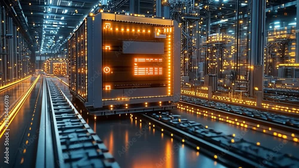 Poster automated manufacturing: futuristic view of a rail car transporting a large circuit board through an