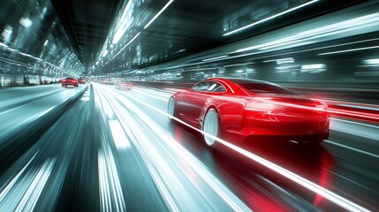 Dynamic velocity of modern red car speeding through city tunnel lights showing speed motion and blur effect of vehicle racing forward fast