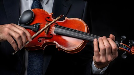 Fototapeta premium Close up of Hands Playing a Reddish Brown Violin Against Dark Background