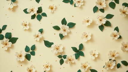 Delicate tiny cherry blossoms and green foliage floral arrangement soft background aesthetic view nature's beauty