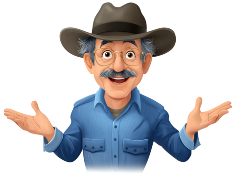 Whimsical cartoon cowboy with a majestic mustache, fun, animated illustration for westernthemed projects