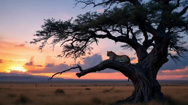  Breathtaking Time-Lapse of Leopard Resting on Tree in African Savanna as Sun Rises and Sets with Shifting Sky and Wildlife,  Leopard high resolution cinematic Creative 4k video