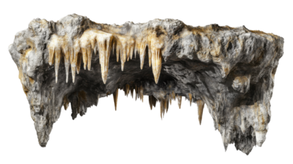 Stalactites hanging from a cave ceiling on transparent background