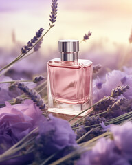 Elegant Perfume Glass Bottle with Purple Roses In French Lavender Fields. Floral Fragrance. Soft Bokeh Background. Product Mockup.
