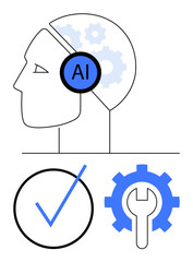 Human head with AI, gears inside symbolizing intelligence, checkmark for accuracy, and gear with wrench for tools. Ideal for technology, robotics, machine learning, innovation, automation